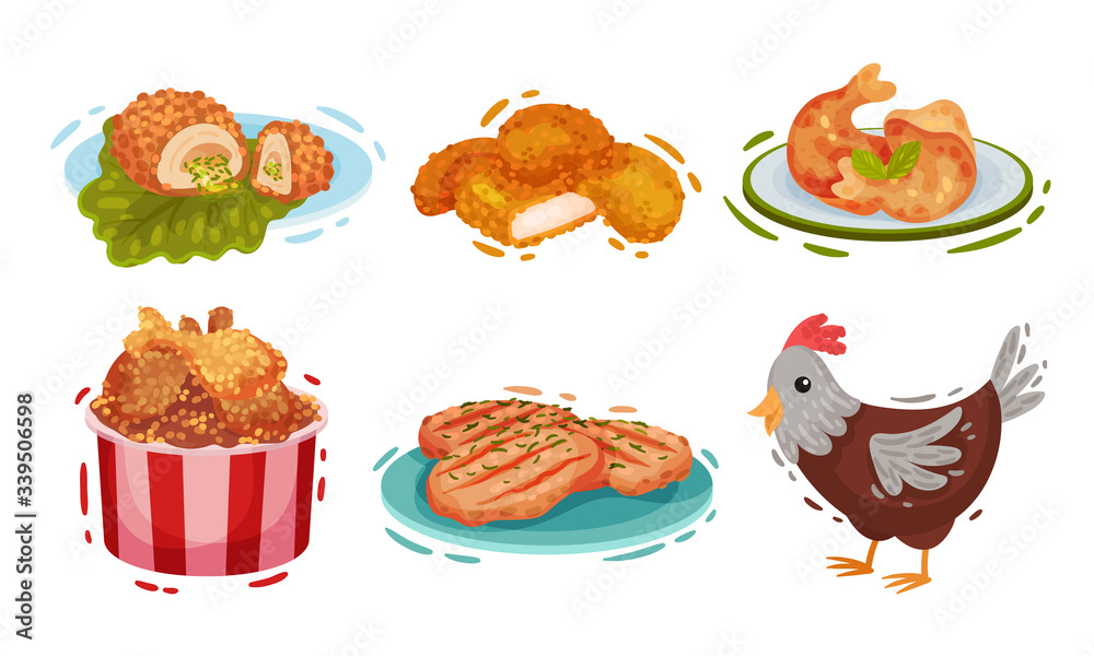 Chicken Food and Snacks with Deep Fried Legs in Basket and Chicken Patty Cakes Vector Set Chicken Food and Snacks with Deep Fried Legs in Basket and Chicken Patty Cakes Vector Set