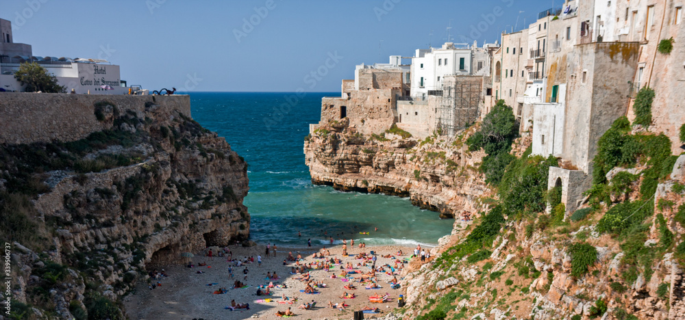 Panoramic view of the town of Polignano a mare in Puglia, Italy.