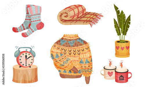 Warm and Cozy Home Things Like Woolen Socks and Knitted Sweater Vector Set