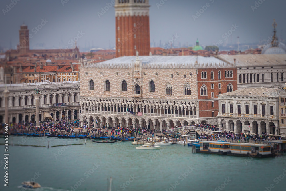 Tilt shift effect of Doge's Palace in San Marco square, Venice, Italy