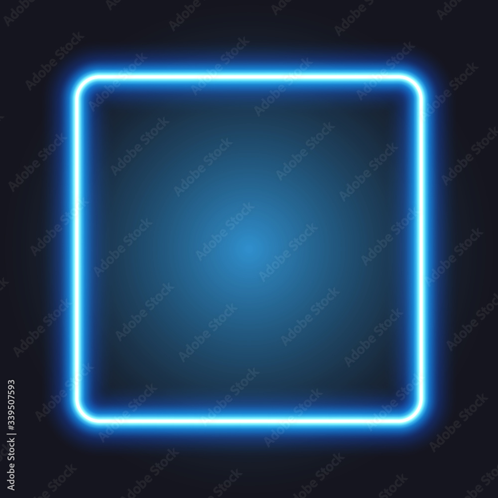 Neon blue square frame, neon sign on dark background, vector illustration. Neon blue square frame, neon sign on dark background, vector illustration.