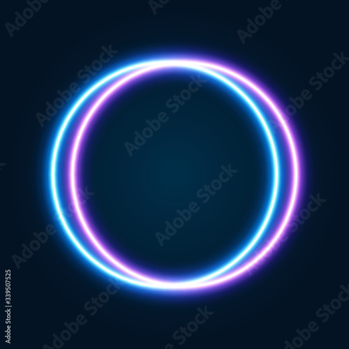 Neon sign on dark background, blue and pink round frame, vector illustration.