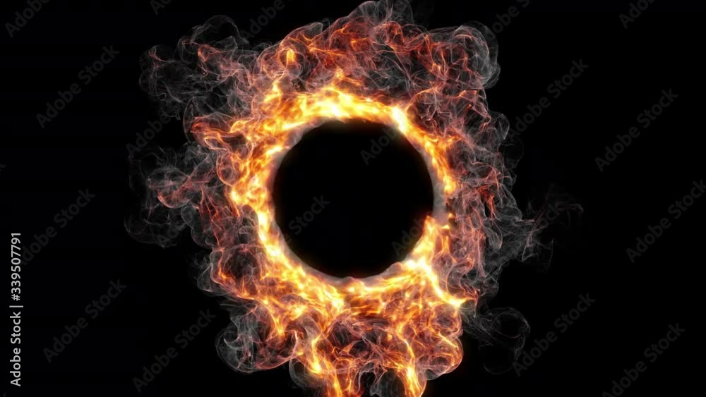 Fiery circle. High-quality circular simulation of fire and smoke. Sparks circle portal rotation. 
Isolated on black background. 3d animation on alpha. 4K fire background.
