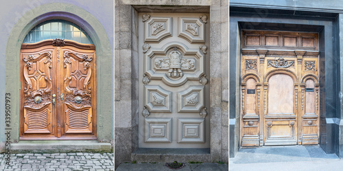 three wooden doors with beautiful decorative wooden trim in the historical part of various European cities