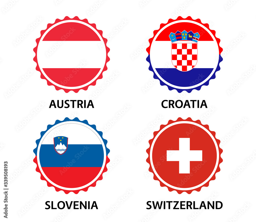 Set of four Austrian, Croatian, Slovenian and Swiss stickers. Made in Austria, Made in Croatia, Made in Slovenia and Made in Switzerland. Simple icons with flags isolated on a white background Set of four Austrian, Croatian, Slovenian and Swiss stickers. Made in Austria, Made in Croatia, Made in Slovenia and Made in Switzerland. Simple icons with flags isolated on a white background