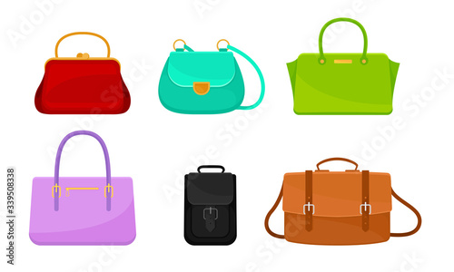 Female Handbags Made of Artificial Leather Isolated on White Background Vector Set