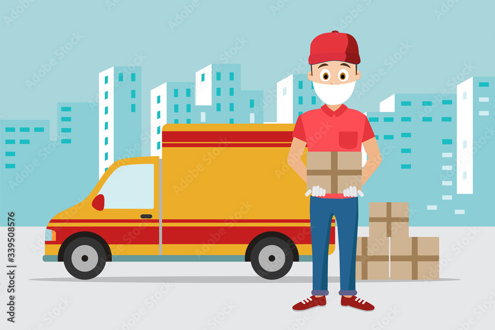 Delivery man with protective mask and gloves holding package box. Courier in front of a delivery truck and city skyline in background. Vector illustration of pandemic and quarantine concept Delivery man with protective mask and gloves holding package box. Courier in front of a delivery truck and city skyline in background. Vector illustration of pandemic and quarantine concept