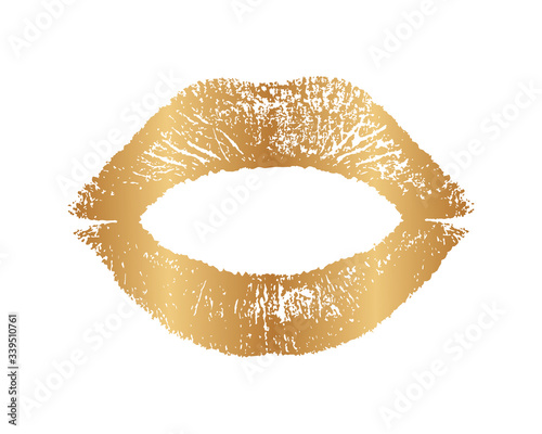 Gold imprint lips. Lipstick golden prints isolated on white background. Glittering glamorous kiss for design. Decorative element kisses. Imprint pomade glitterer. Lips glamour makeup. Female mouth