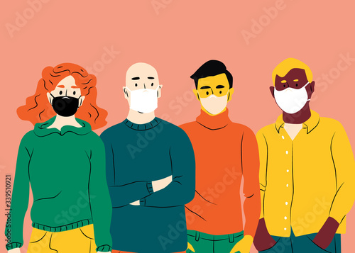 Multicultural group of people in masks. Men and women prevent disease, flu, air pollution, contaminated air. Vector illustration in a flat style
