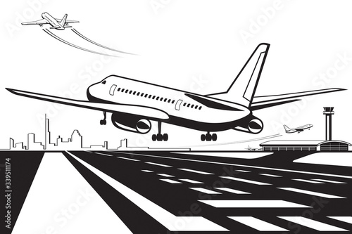 Aircraft touchdown on runway at airport - vector illustration