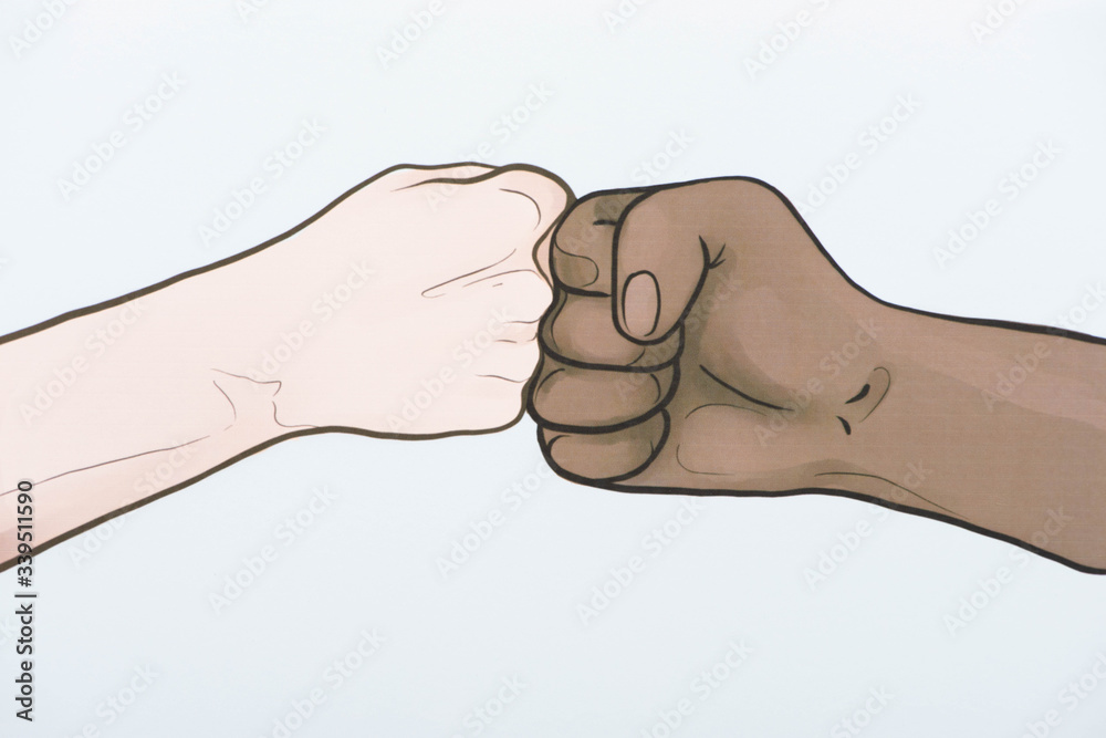 picture with drawn multiethnic hands doing fist bump picture with drawn multiethnic hands doing fist bump