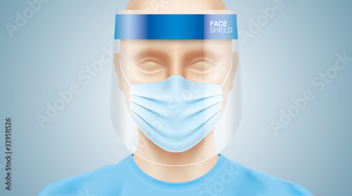 White man with a plastic face shield, wearing a blue surgical mask. Closeup shot of a person, with a virus protection medical equipment on his face. Healthcare banner vector design.