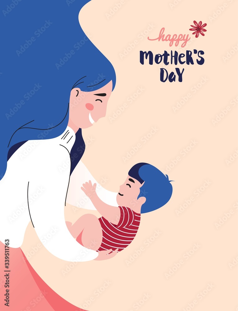 Happy Mother`s Day Greeting Card. Vector Illustration Of Mother Holding Baby Son In Arms. Happy Mother`s Day Greeting Card. Vector Illustration Of Mother Holding Baby Son In Arms.