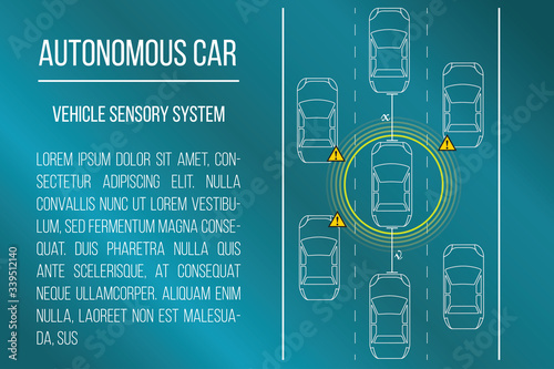 Autonomous vehicles concept. Vehicles equipped with sensory system for collision detection on the road. Vector illustration