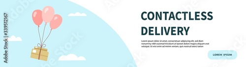Banner for an online store with contactless delivery. Space for text and button. Box on balloons. Vector illustration