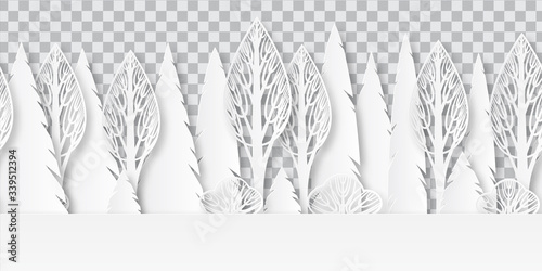 Seamless ornament in paper cut style. Forest silhouette pattern. Vector illustration