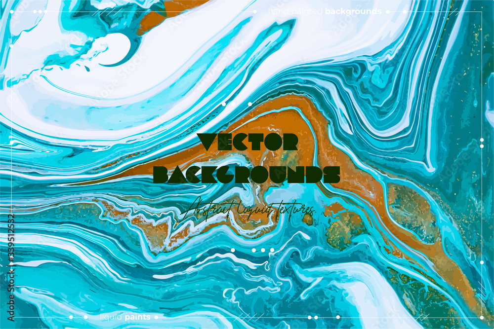 Vector fluid art texture. Backdrop with abstract iridescent paint effect. Liquid acrylic picture that flows and splashes. Mixed paints for interior poster. Blue, green and golden overflowing colors