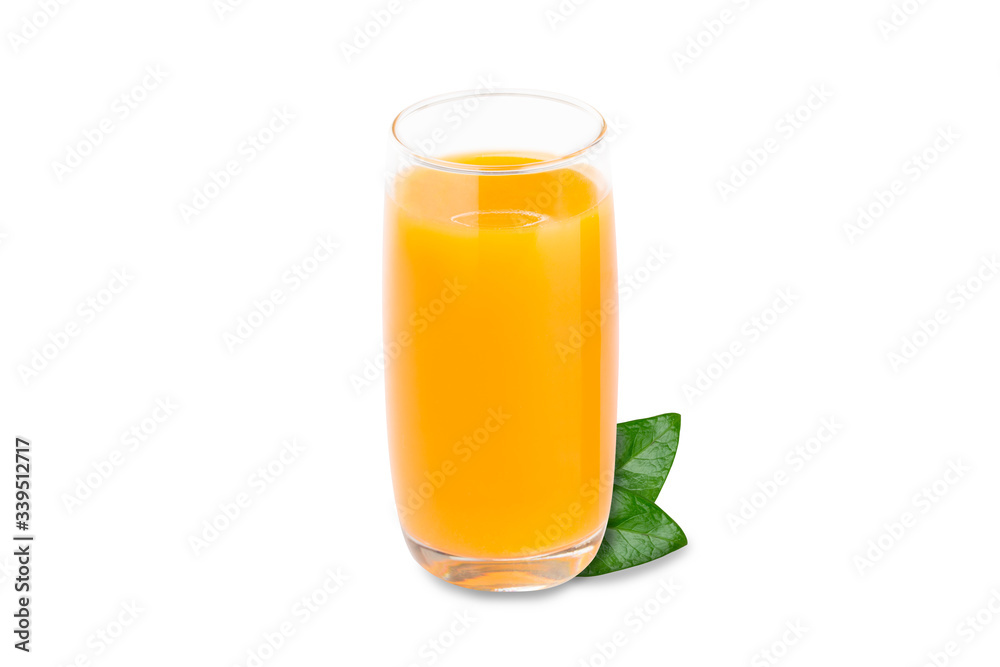 Glasses of orange juice on white background