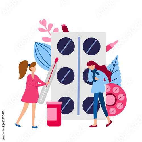 Concept with sick person. Flu flat tiny people concept. Protect from viruses. Pharmacy therapy and tissue help. Vector illustration
