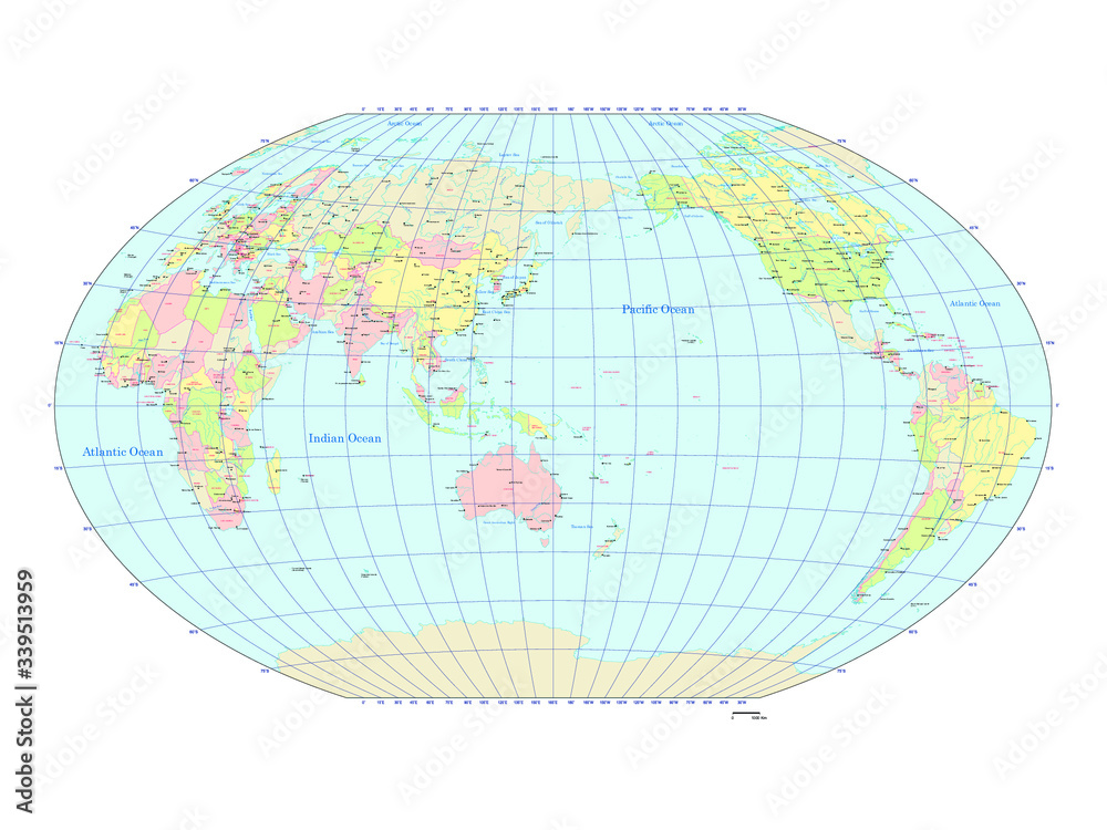 世界地図 ヴィンケル図法 アジア中心 国ごとにバラバラになります World Map Winker Cylindrical Projection The Asia Center Vector De Stock Adobe Stock