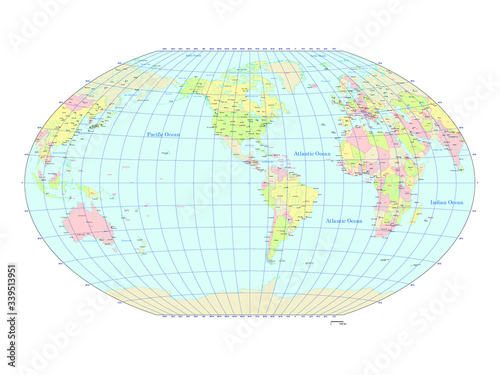 世界地図 ヴィンケル図法 アメリカ中心 - 国ごとにバラバラになります | World Map - Winker cylindrical projection : The America center