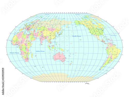 世界地図 ヴィンケル図法 アジア中心 - 国ごとにバラバラになります | World Map - Winker cylindrical projection : The Asia center
