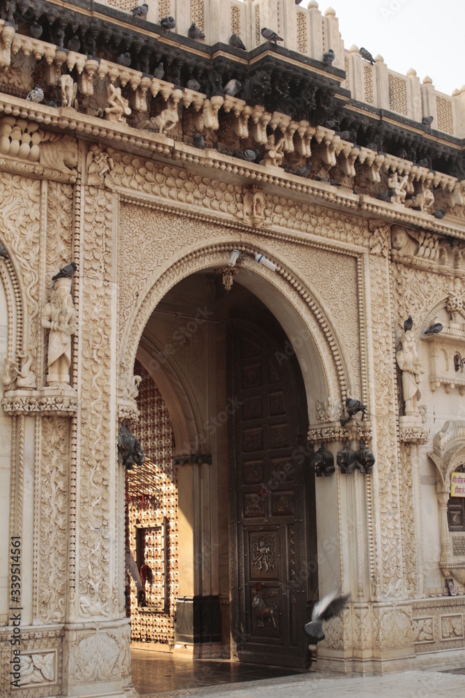 Indian architecture, Rajasthan, Bikaner, India. detail of the ancient facade 