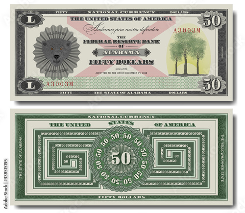 Fictional 50 US dollars dedicated to Alabama and Latin motto We dare defend our rights. Head of black bear and trees