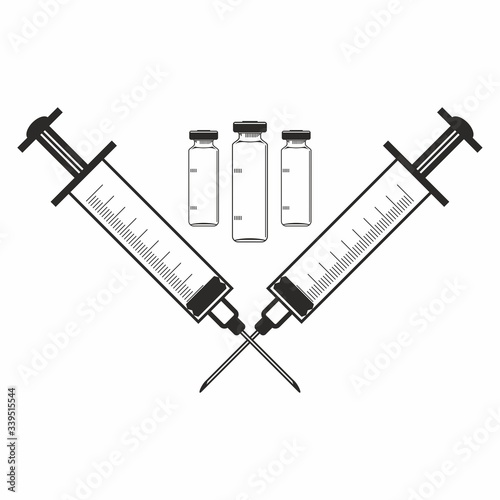 Syringe for injection with vaccine, vial of medicine. Disposable Syringe for Injection. Syringe Icon. Illustration on White Background.