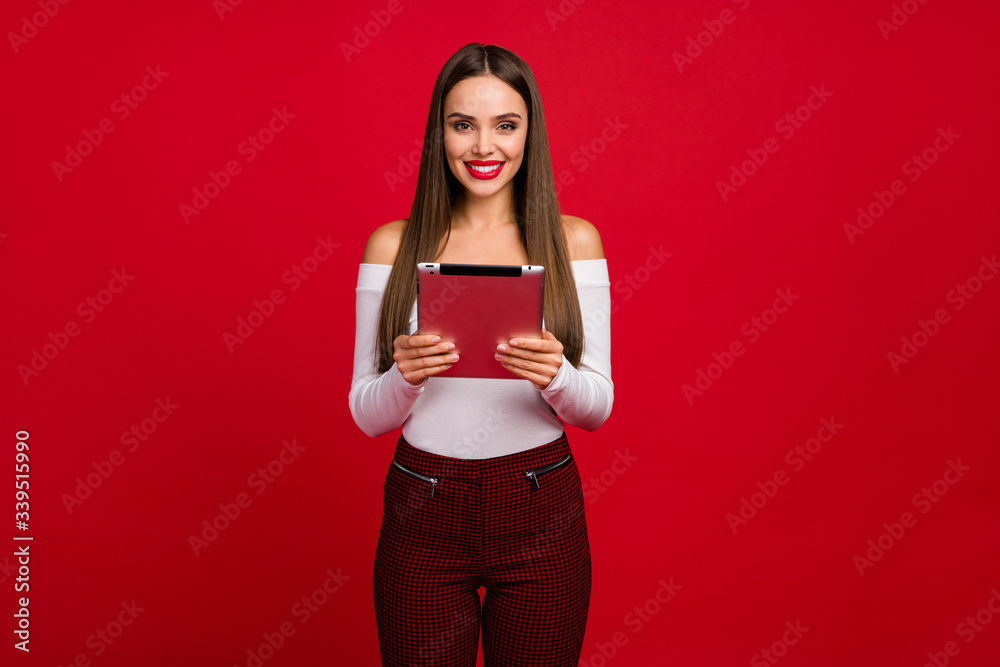 Portrait of charming attractive fancy manager freelancer work with tablet ready assist clients wear good look clothes isolated over shine color background Portrait of charming attractive fancy manager freelancer work with tablet ready assist clients wear good look clothes isolated over shine color background