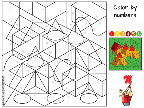 Wooden blocks toy. Color by numbers. Coloring book. Educational puzzle game for children. Cartoon vector illustration