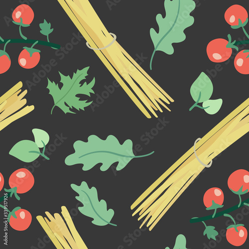 Seamless pattern with hand drawn green rucola leaves, pasta & cherry tomatoes. Doodle style ingredients isolated on gray background. Repeating texture for Italian herbs, vegetarian food wrapping.