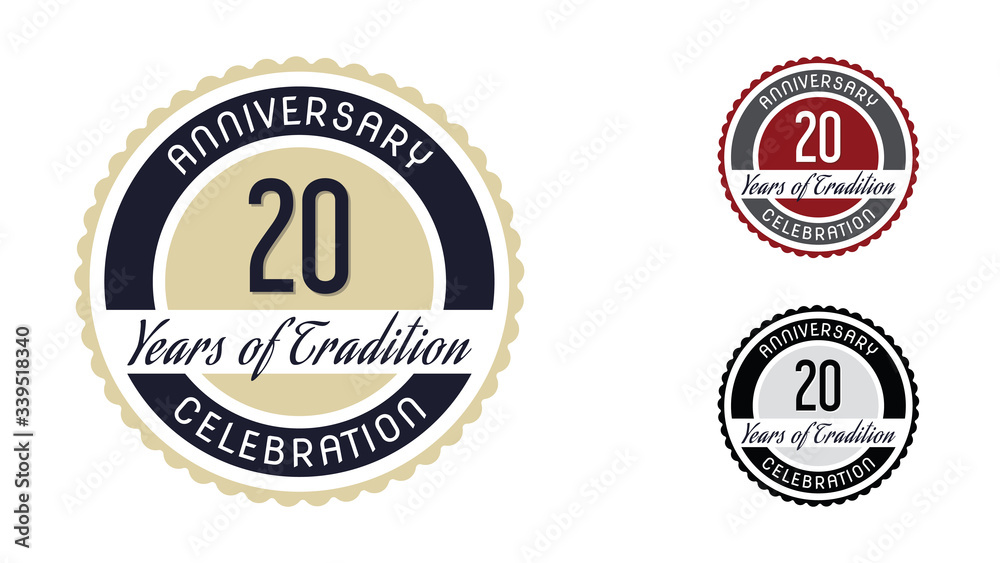 Anniversary celebration emblem 20th years (twenty years) of Tradition. Set of Anniversary Celebration Badges.