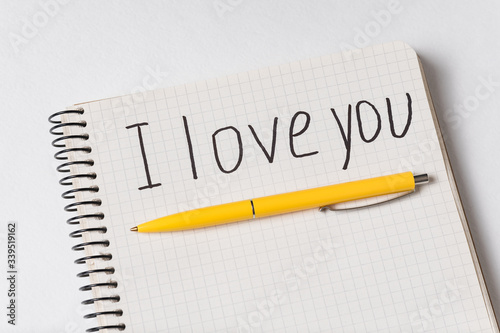 Notepad with words I LOVE YOU. Copybook and pen on white background, close up