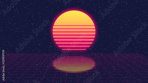 Simple Synthwave Sunset background. Retro Future sci-fi backdrop. Laser perspective Grid with Neon glow. 80s movie and outrun game style. Abstract Retrowave party flyer template. Large size. 