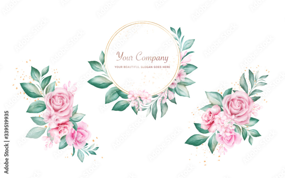 Set of watercolor floral frame and bouquets for logo or card composition. Botanic decoration illustration of peach and red roses, leaves, branches
