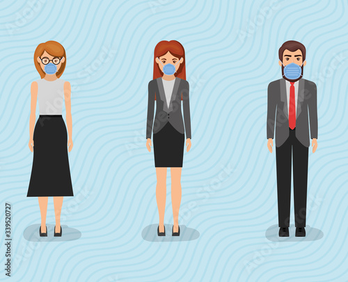 Businesswomen and businessman with masks against 2019 ncov virus vector design