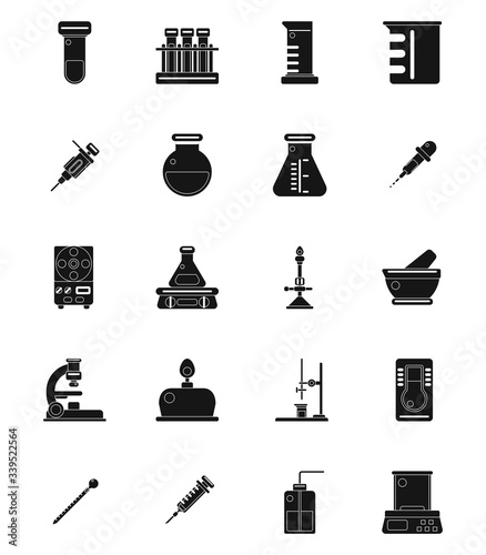 20 laboratory equipment solid icon vector illustration set.