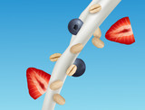Vector pouring milk or yoghurt with falling strawberries, blueberries and oats - healthy snack, breakfast