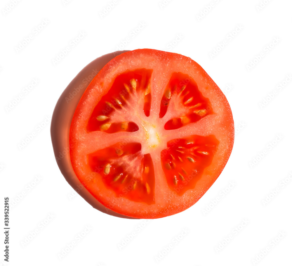 a slice of red tomato isolated on a white background with a shadow a slice of red tomato isolated on a white background with a shadow