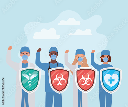 men and women doctors heroes with shields against 2019 ncov virus vector design