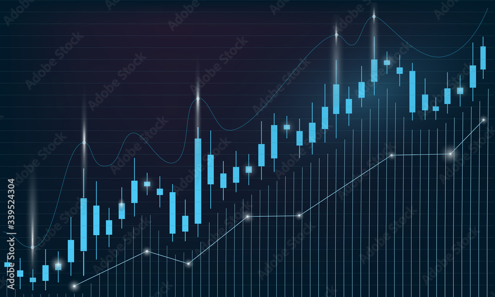 Stock market chart, candlestick graph, trading and finance concept, dark background, space for text.