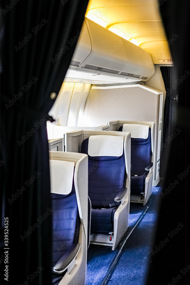 Interior view of Empty Airplane seats on board a jet liner