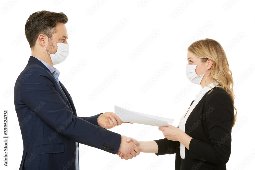 Agreement between businessman and businesswoman. Paper, contract.