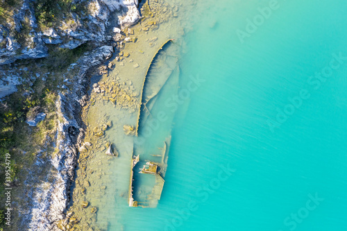 An aerial view of the sinking German ship Fritz, Salamustica, Rasa bay, Istria, Croatia