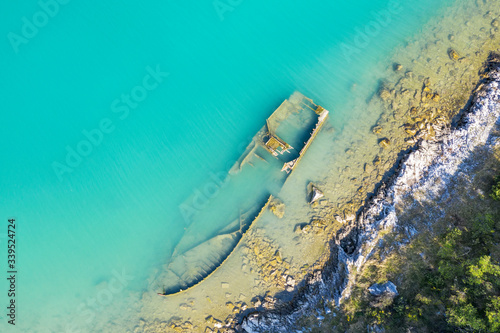 An aerial view of the sinking German ship Fritz, Salamustica, Rasa bay, Istria, Croatia photo