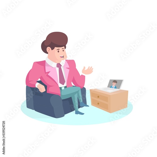 businessman has teleconference video call on his laptop at home. Remote working at home. Self isolation concept. Flat vector illustration
