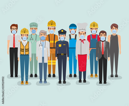 Men workers with masks against 2019 ncov virus vector design