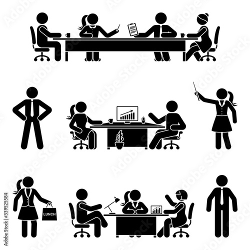 Stick figure office male and female at business meeting vector icon set. Group of team coworkers talking, negotiating, discussing, working, sitting at desk, using computer on white