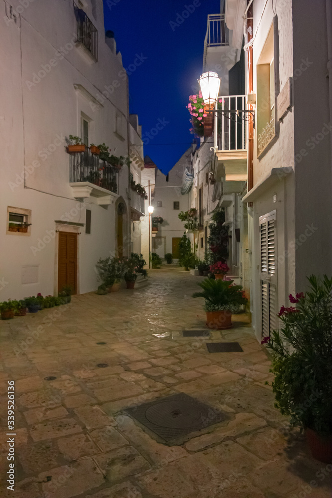 Night view of the streets of the historic center of the white town of Locorotondo in Puglia, Italy.